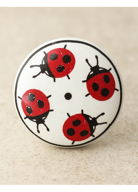 White Ceramic Drawer Knob With Lady Bugs Design