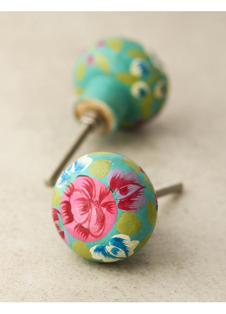 Pink and Lime Blue Flower With green Leaves Wooden Knob