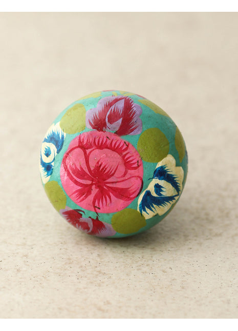 Pink and Lime Blue Flower With green Leaves Wooden Knob