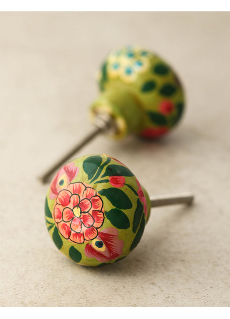 Red Flower and Green Leaves With green Base Wooden Knob