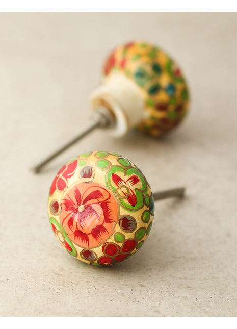 Red Flower and Green Leaves With Golden Base Wooden Knob