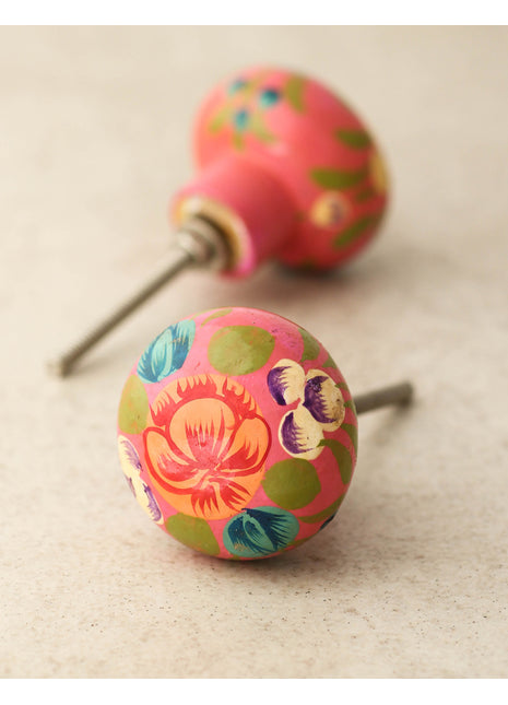 Red Flower and Green Leaves With Pink Base Wooden Knob