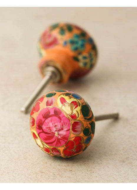 Red Flower and Pink Leaves With Orange Base Wooden Knob