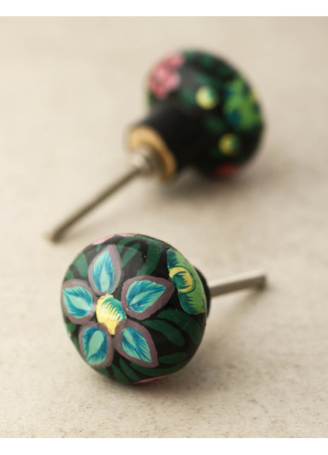 Turquoise Flower With Black Base Wooden Knob