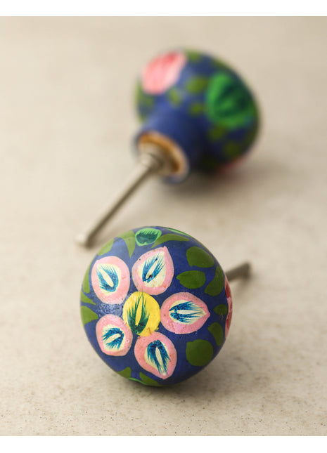 Pink Flower and Green Leaves With Blue Base Wooden Knob