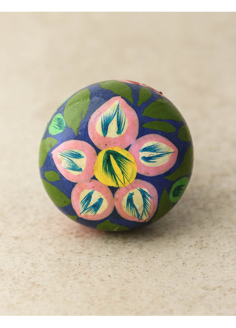 Pink Flower and Green Leaves With Blue Base Wooden Knob