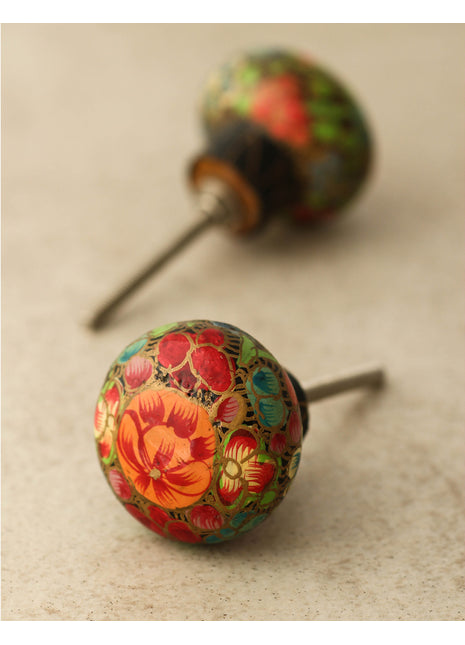 Red Flower Green leaves Wooden Knobs