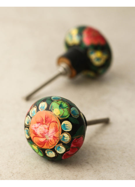 Red Flower Green leaves With Black Base Wooden Knob