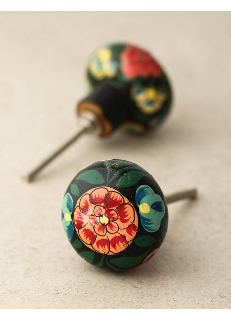 Red Flower and Dark Green Leaves With Black Base Wooden Knob