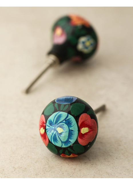 Turquoise and pink Flowers Green Leaves With Balck Base Wooden Knobs