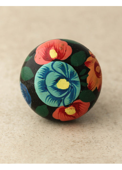 Turquoise and pink Flowers Green Leaves With Balck Base Wooden Knobs