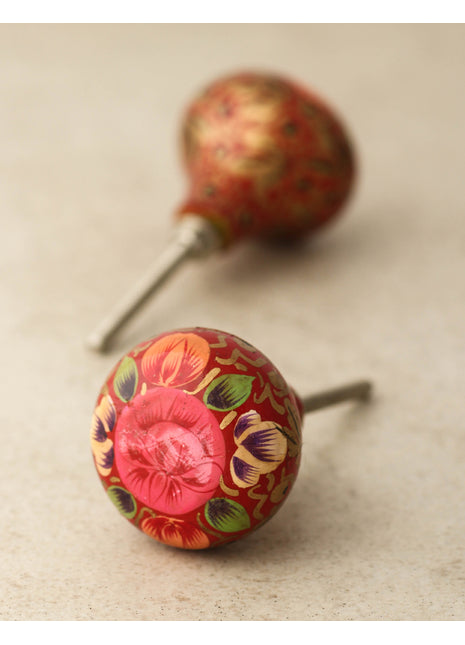 Pink Flower with Green Leaves and Red Base Wooden Knob