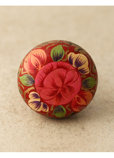 Pink Flower with Green Leaves and Red Base Wooden Knob