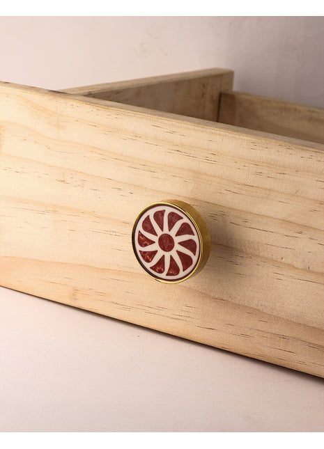 Round Maroon Flower On White Brass and Natural Wood Door Knob
