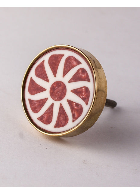 Round Maroon Flower On White Brass and Natural Wood Door Knob