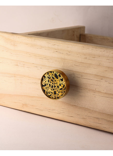 Round Black Printed Brass And Wood Kitchen Cabinet Knob
