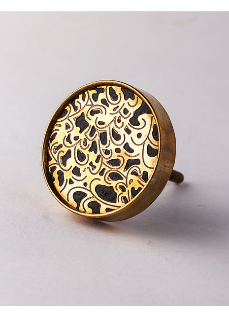 Round Black Printed Brass And Wood Kitchen Cabinet Knob