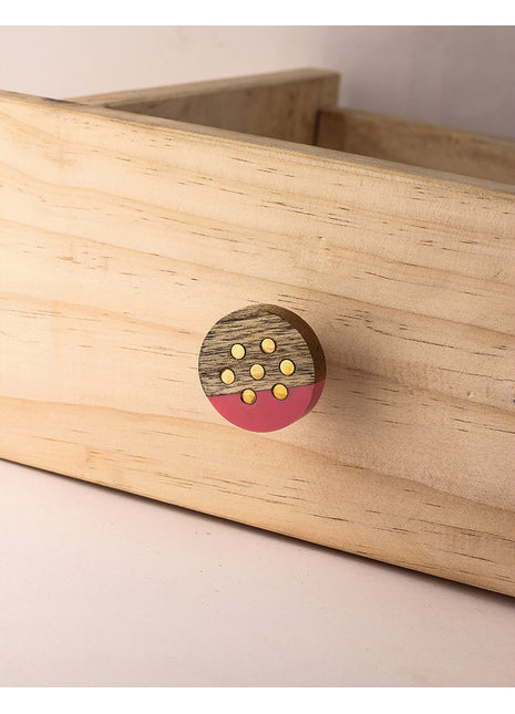 Antique Pink Round Wooden Kitchen Cabinet Knob With Golden Dot