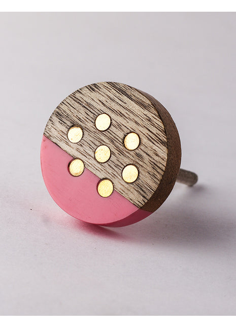 Antique Pink Round Wooden Kitchen Cabinet Knob With Golden Dot
