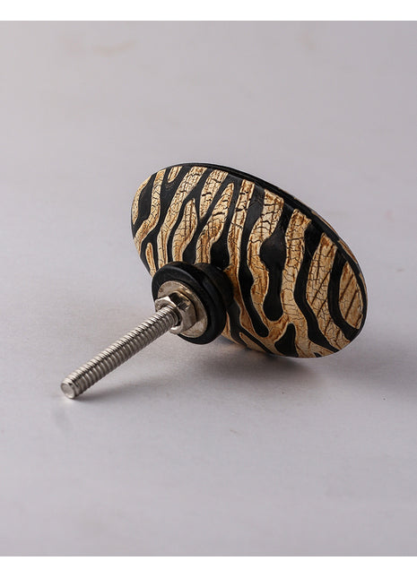 Antique Oval Shaped Black And Golden Leopard Print Wooden Door Knob