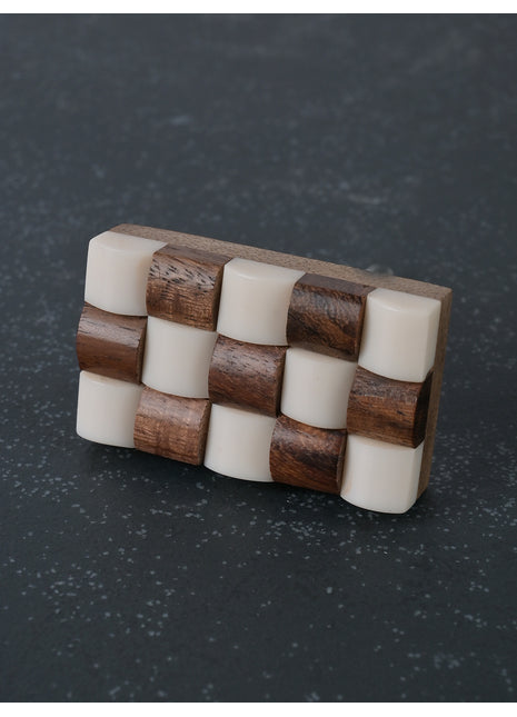 Unique Rectangle Shaped Brown and White Wood and Resin Drawer Cabinet Knob
