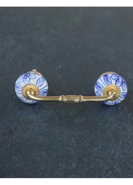 Elegant White Ceramic Door Pull With Blue Flowers