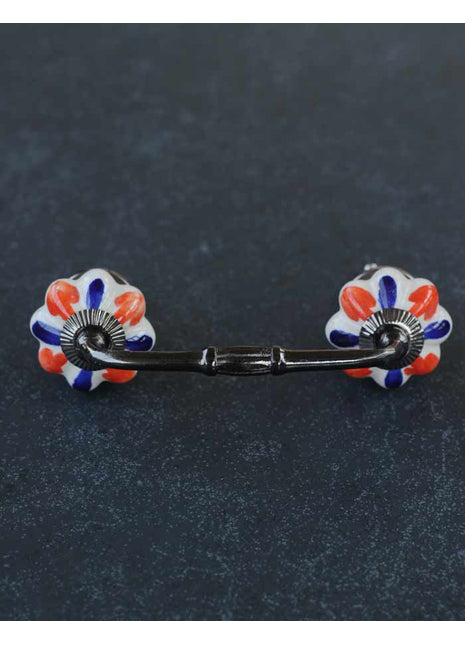 White Ceramic Flower Shaped Drawer Pull With Orange And Blue Flower
