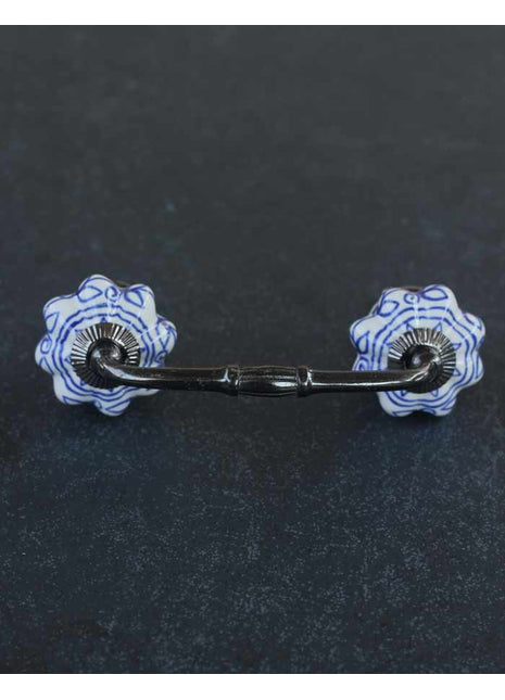 White Ceramic Cabinet Pull With Blue Floral Design
