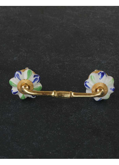 Floral White Ceramic Door Pull With Blue And Green Print