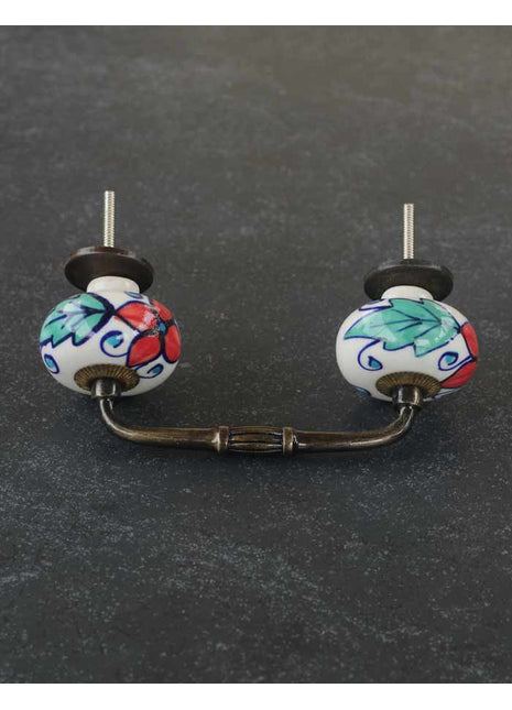 White Ceramic Designer Pull with Red, Turquoise and Blue Floral Design