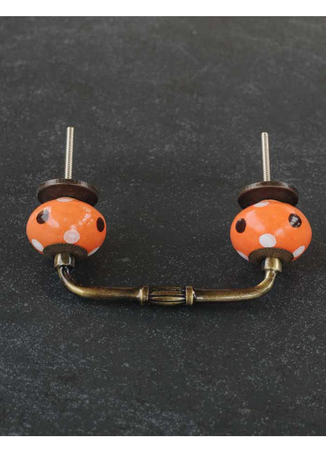 Round Orange Cabinet Pull With Hand Painted White And Brown Polka-Dots