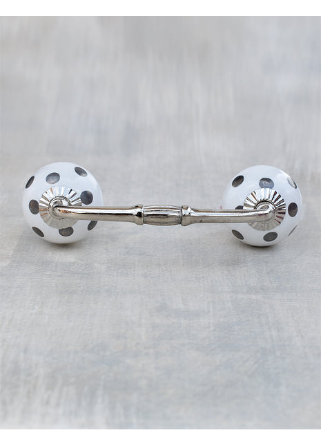 White Round Ceramic Kitchen Cabinet Pull With Silver Polka Dots