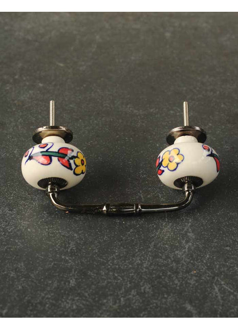White Round Kitchen Cabinet Pull With Multicolor Flowers
