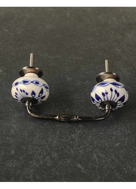 Designer White Ceramic Pull With Handpainted Blue Flower