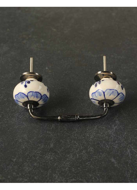 Designer White Ceramic Drawer Cabinet Pull with Blue Flower