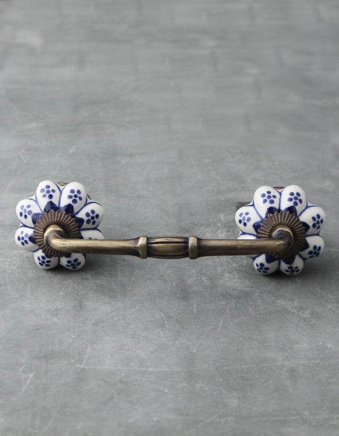 Flower Shaped White And Blue Designer Ceramic Kitchen Cabinet Pull 5 Inch / Brass Antique