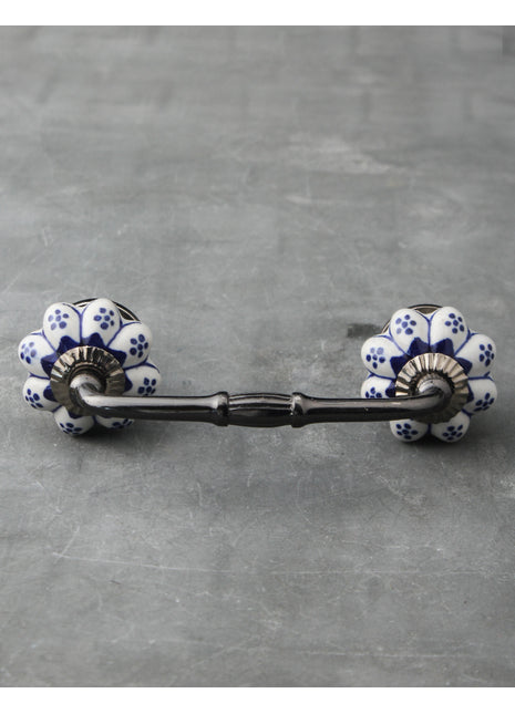 Flower Shaped White And Blue Designer Ceramic Kitchen Cabinet Pull