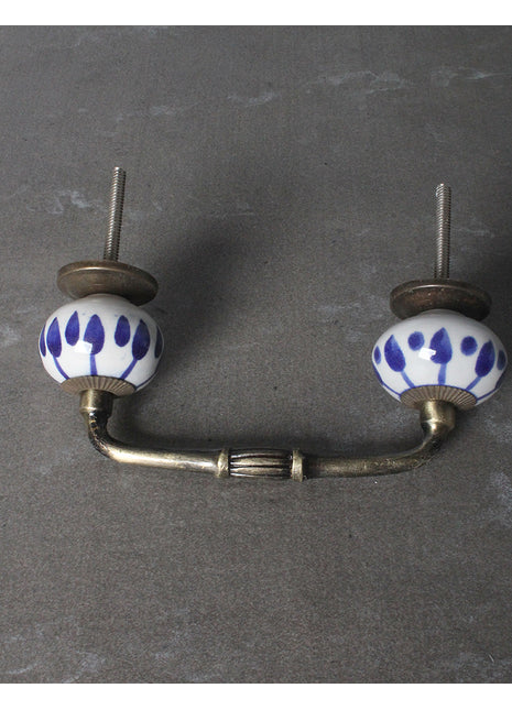 White Ceramic Dresser Cabinet Pull With Blue Print