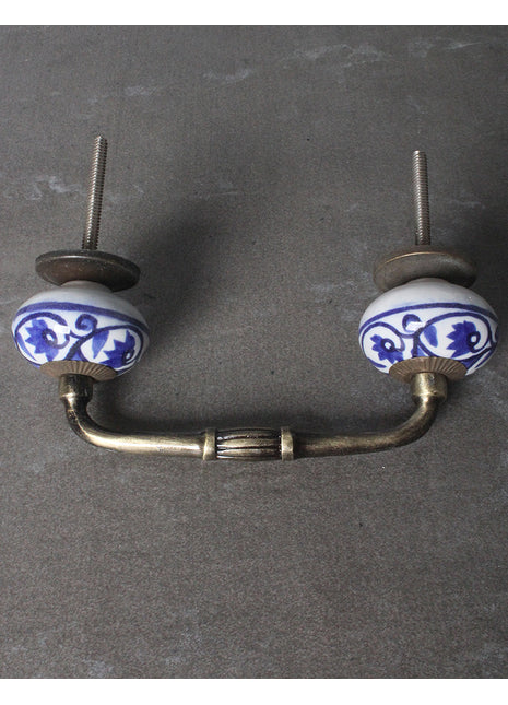 White Floral Ceramic Pull With Handpainted Blue Flowers