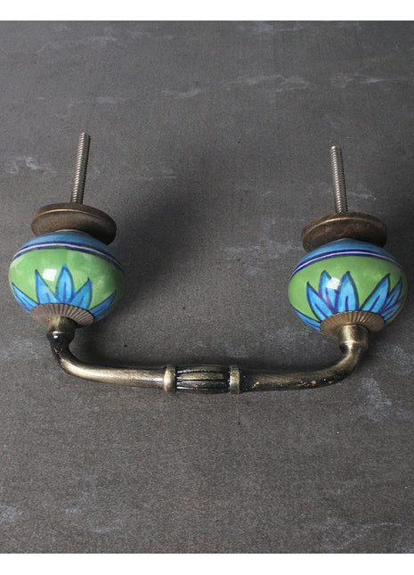 Elegant Green Ceramic Drawer Pull With Blue Flower