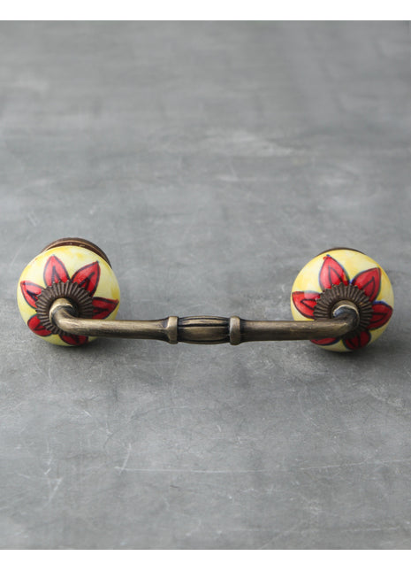 Yellow Round Ceramic Dresser Cabinet Pull With Red Flower