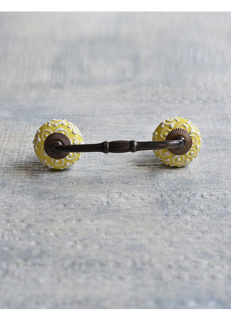 Yellow Ceramic Drawer Cabinet Pull With White Cracked Embossed Design