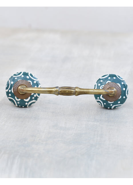 Dark Cyan Ceramic Dresser Pull With White Embossed Design