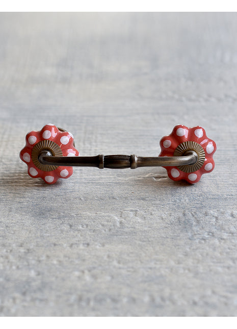 Red Flower Shaped Dresser Cabinet Pull With White Polka Dots
