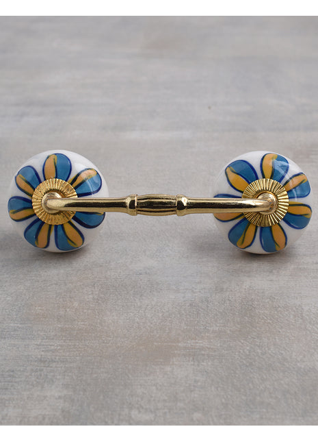 White Base Dresser Cabinet Pull With Yellow and Turquoise Flower