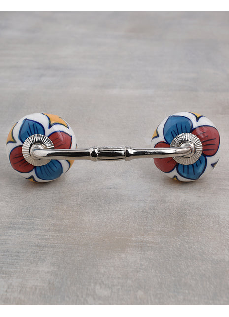 White Base Ceramic Pull With Turquoise And Red Flower And Yellow Leaf