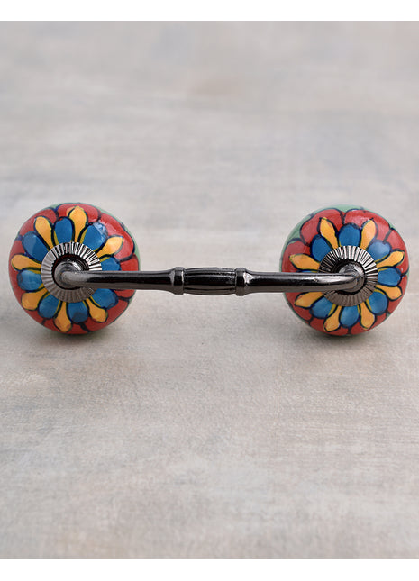 Stylish White Base Ceramic Dresser Cabinet Pull With Multicolored Flower