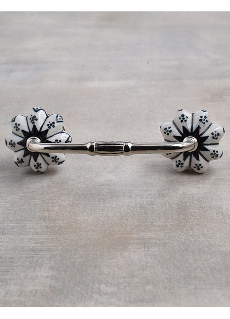 Floral White Royal Ceramic Drawer Cabinet Pull With Black Print