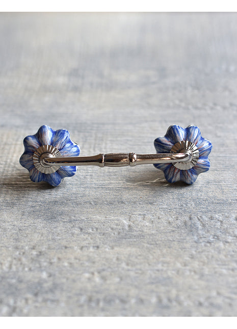 Designer White Ceramic Dresser Cabinet Pull With Blue Flower