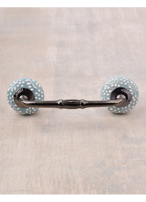 Handmade Turquoise Ceramic Pull With White Cracked Embossed Design